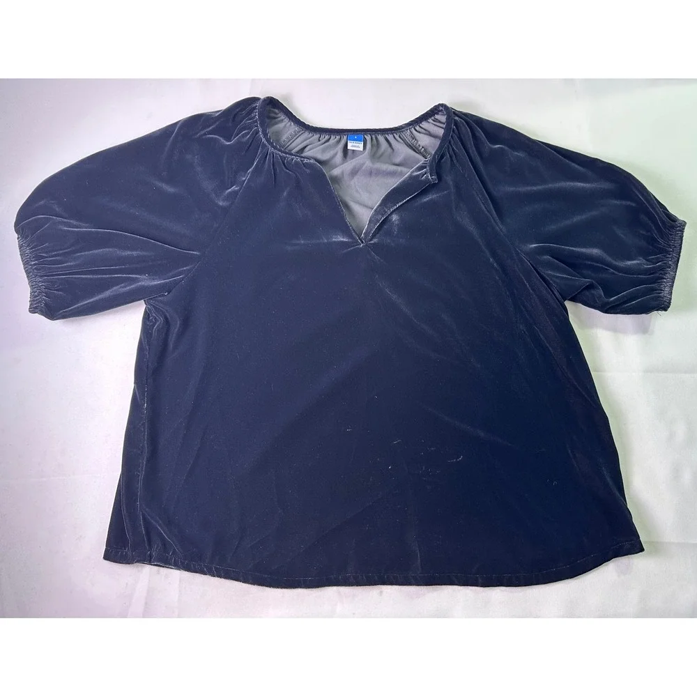 Old Navy Black Velvet Blouse Top Womens Small Split V-Neck Puff Sleeve Relaxed S